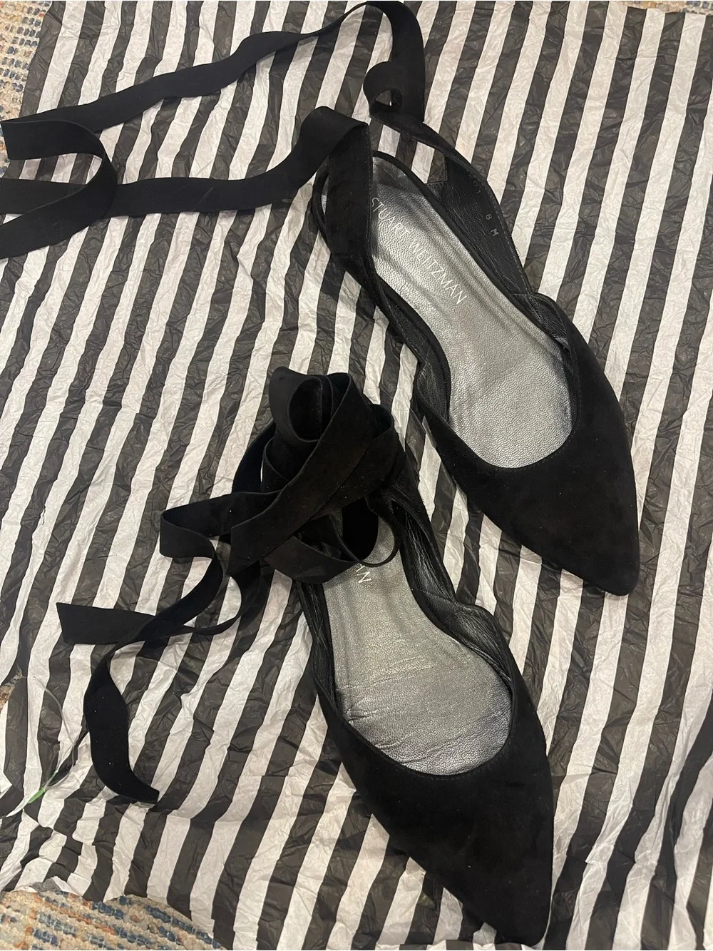Stuart Weitzman Black Suede Pointed Tie-Back Flats with Ankle Ribbons - Picture 6 of 10